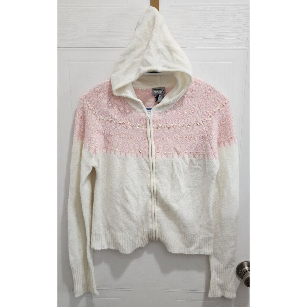 Rave Brand Womens Long Sleeve Full Zip Up Hoodie Soft Knit Sweater Pink/White XL